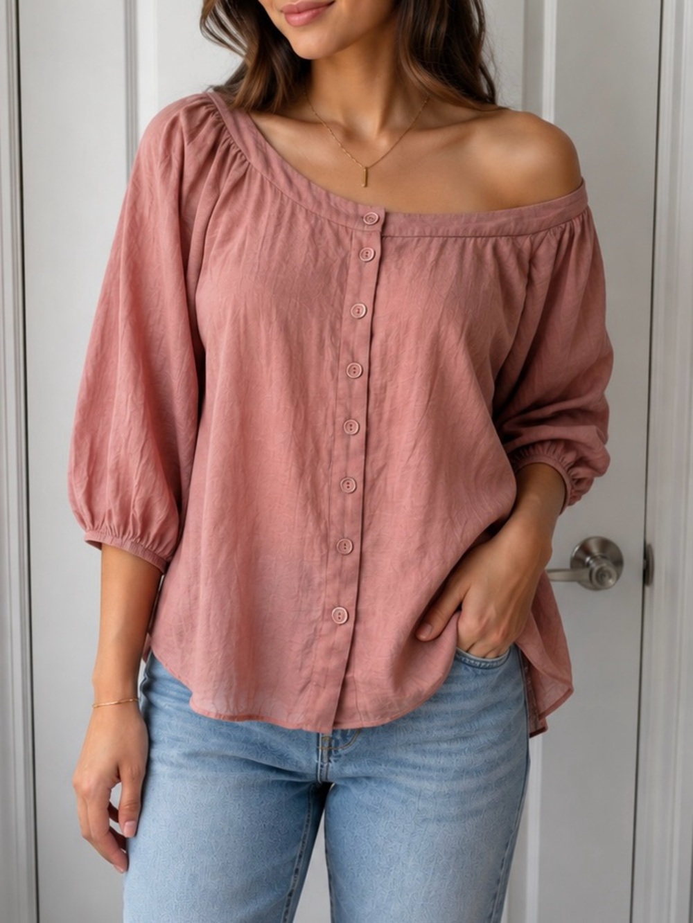 Ever New Off-Shoulder Button Front Women's Top in Dusty Rose BNWT